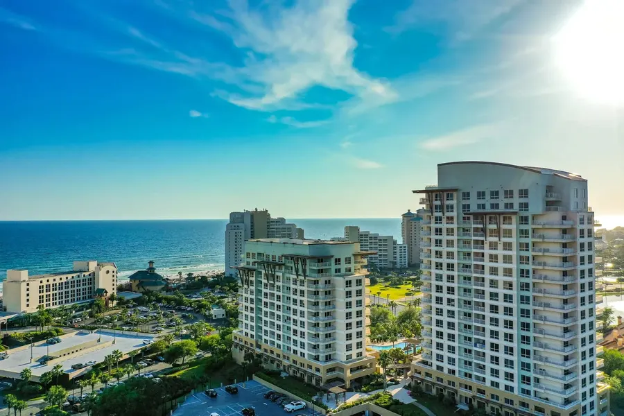 Drone view of Emerald Coast condo towers overlooking the gulf