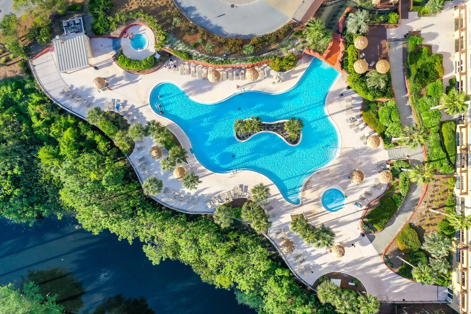 Aerial drone photo of a resort pool