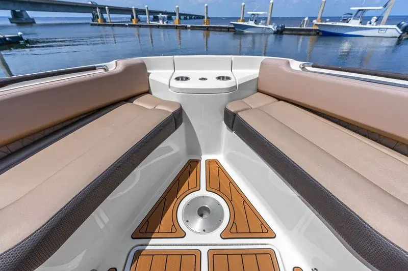 Bow seating with teak decking at a Destin marina near the bridge