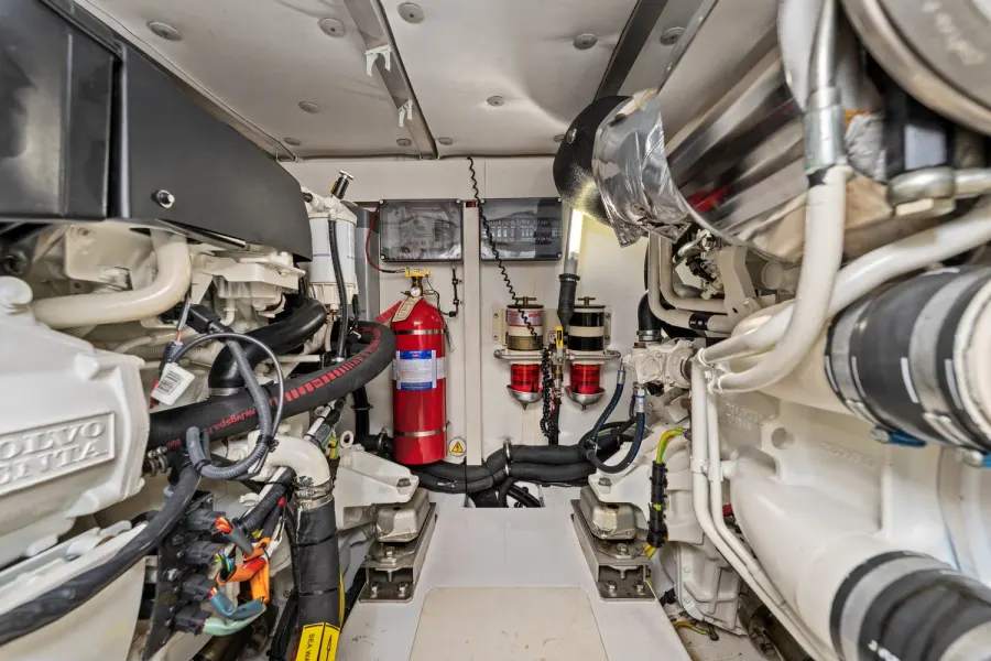 Twin Volvo Penta engine room with fire suppression system